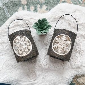 Snowflake Faux Wood Glass Lantern- Set of 2